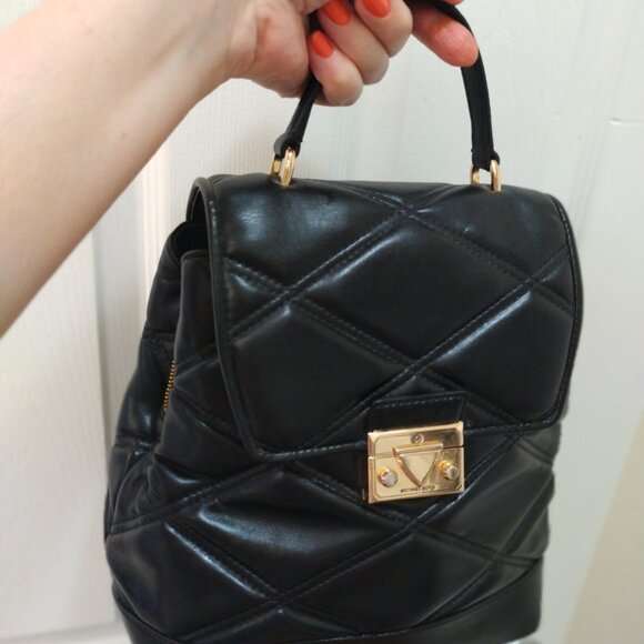 * MICHAEL KORS LEATHER BACKPACK BAG, LUXURY LEATHER BLACK QUILTED LARGE GOLD - Picture 8 of 14